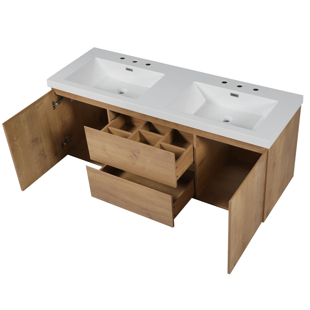 Double Sink Bathroom Vanity, Cabinet & Soft Close Doors, Divided Drawers, Wall Mounted Storage - Wood