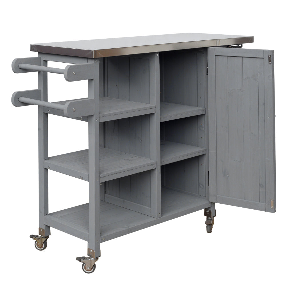 Foldable Outdoor Kitchen Island with Stainless Steel Top | Rolling Cart with Storage Cabinet, Open Shelves & Towel Rack — Grey