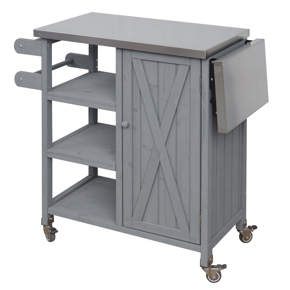 Foldable Outdoor Kitchen Island with Stainless Steel Top | Rolling Cart with Storage Cabinet, Open Shelves & Towel Rack — Grey