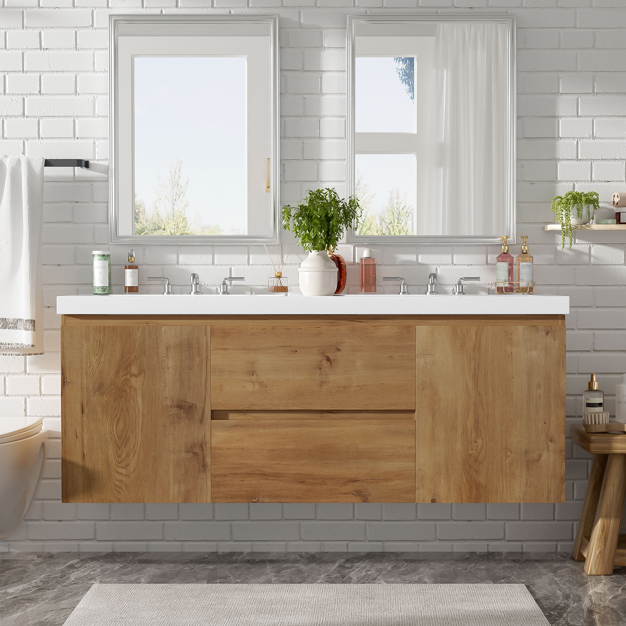 Double Sink Bathroom Vanity, Cabinet & Soft Close Doors, Divided Drawers, Wall Mounted Storage - Wood