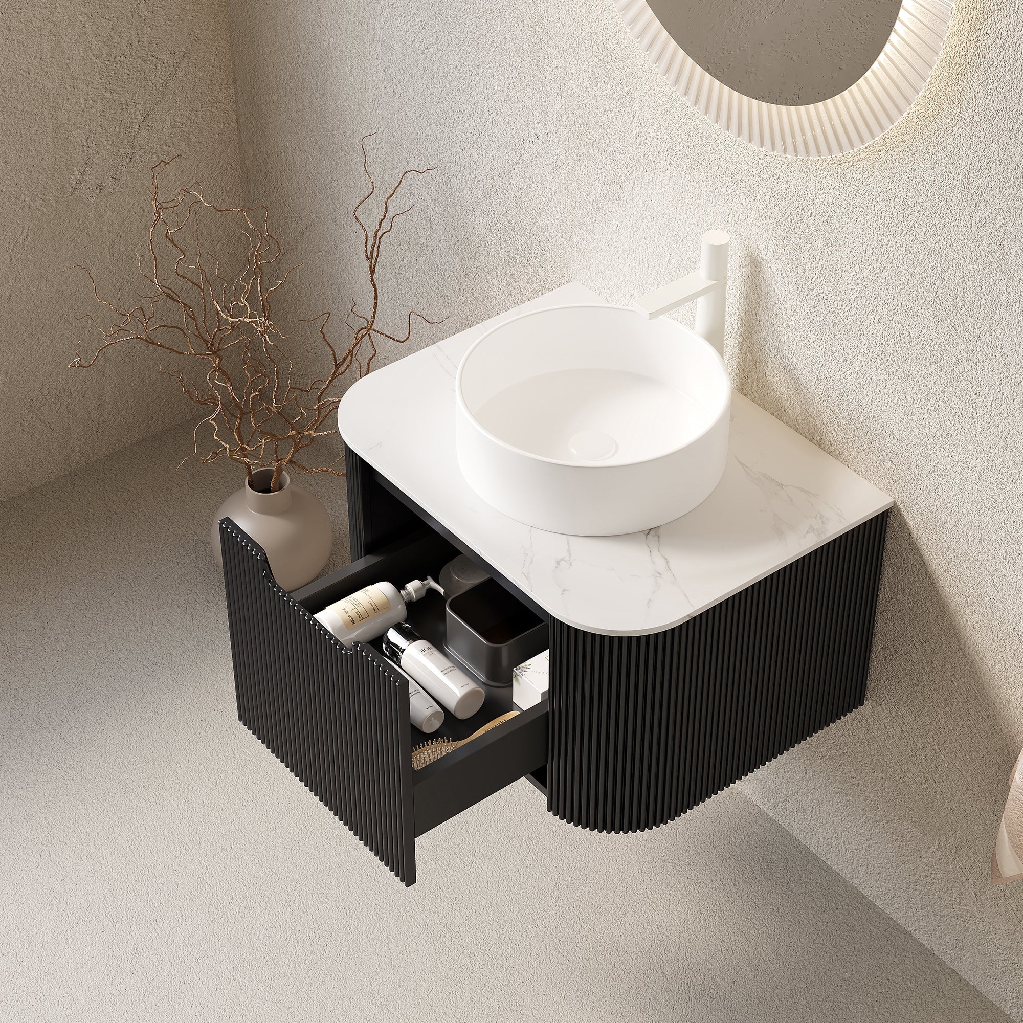 DINA 24" Bathroom Vanity & Sink with Floating Curved Edges Striped Storage Cabinet