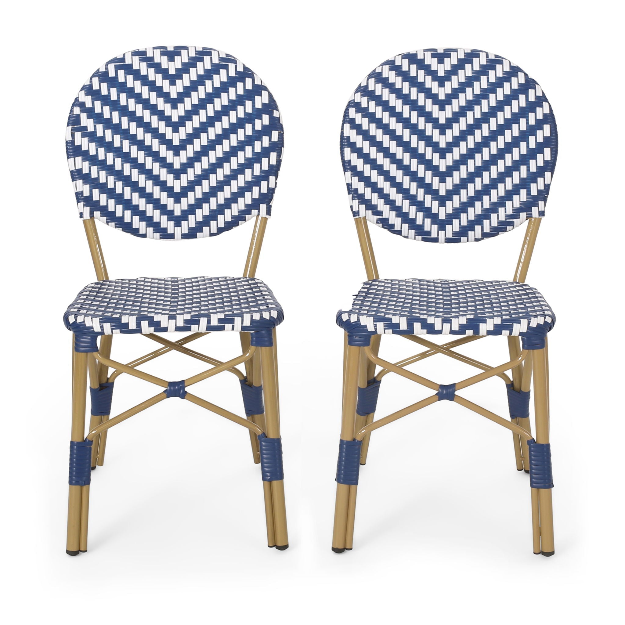 Outdoor Rattan and Aluminum French Armless Bistro Chairs Set - Navy Blue