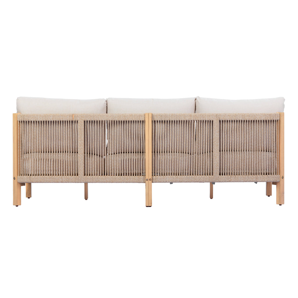 73.23" Outdoor Acacia Wood Frame Rope-Braided Backrest Three-Seater Sofa
