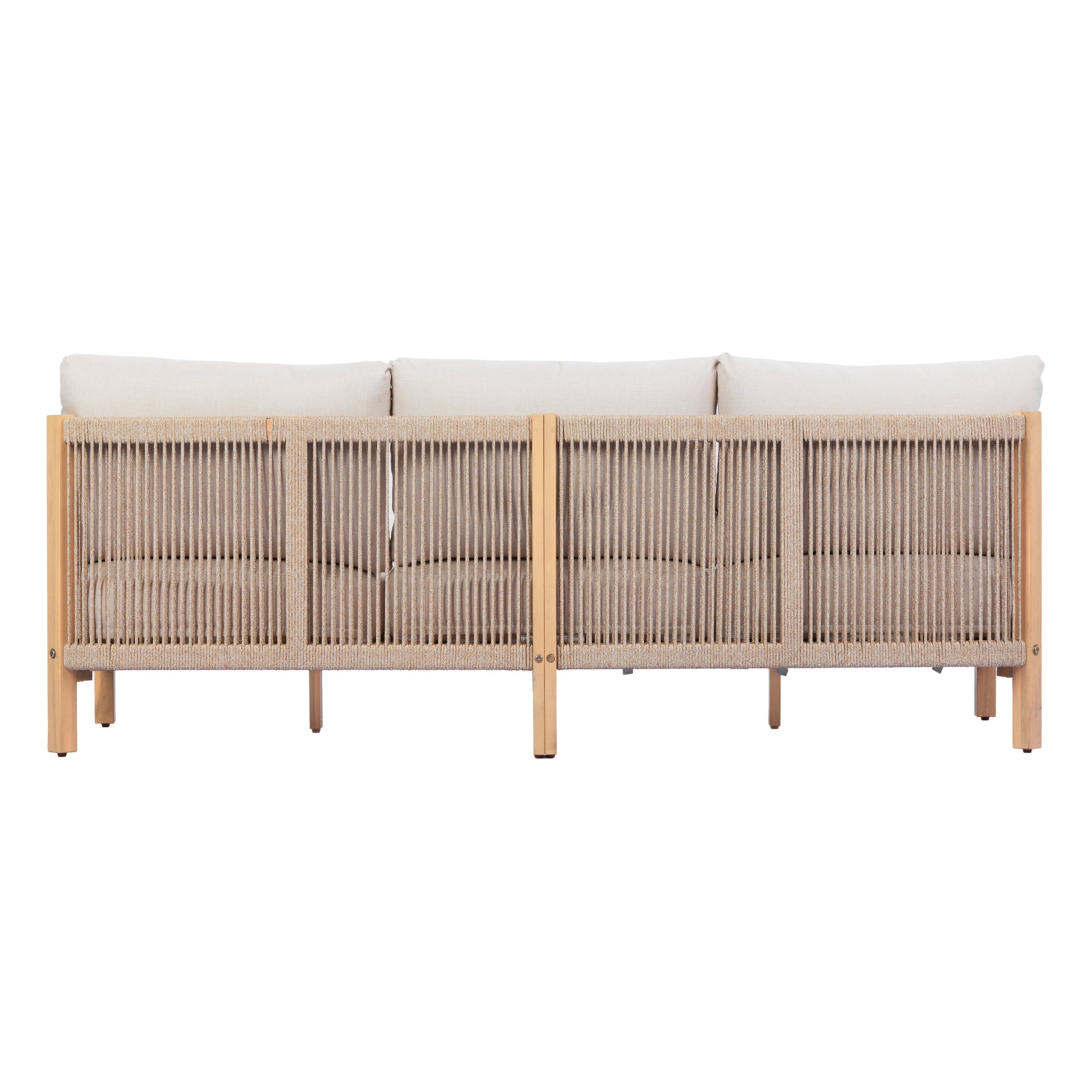 73.23" Outdoor Acacia Wood Frame Rope-Braided Backrest Three-Seater Sofa