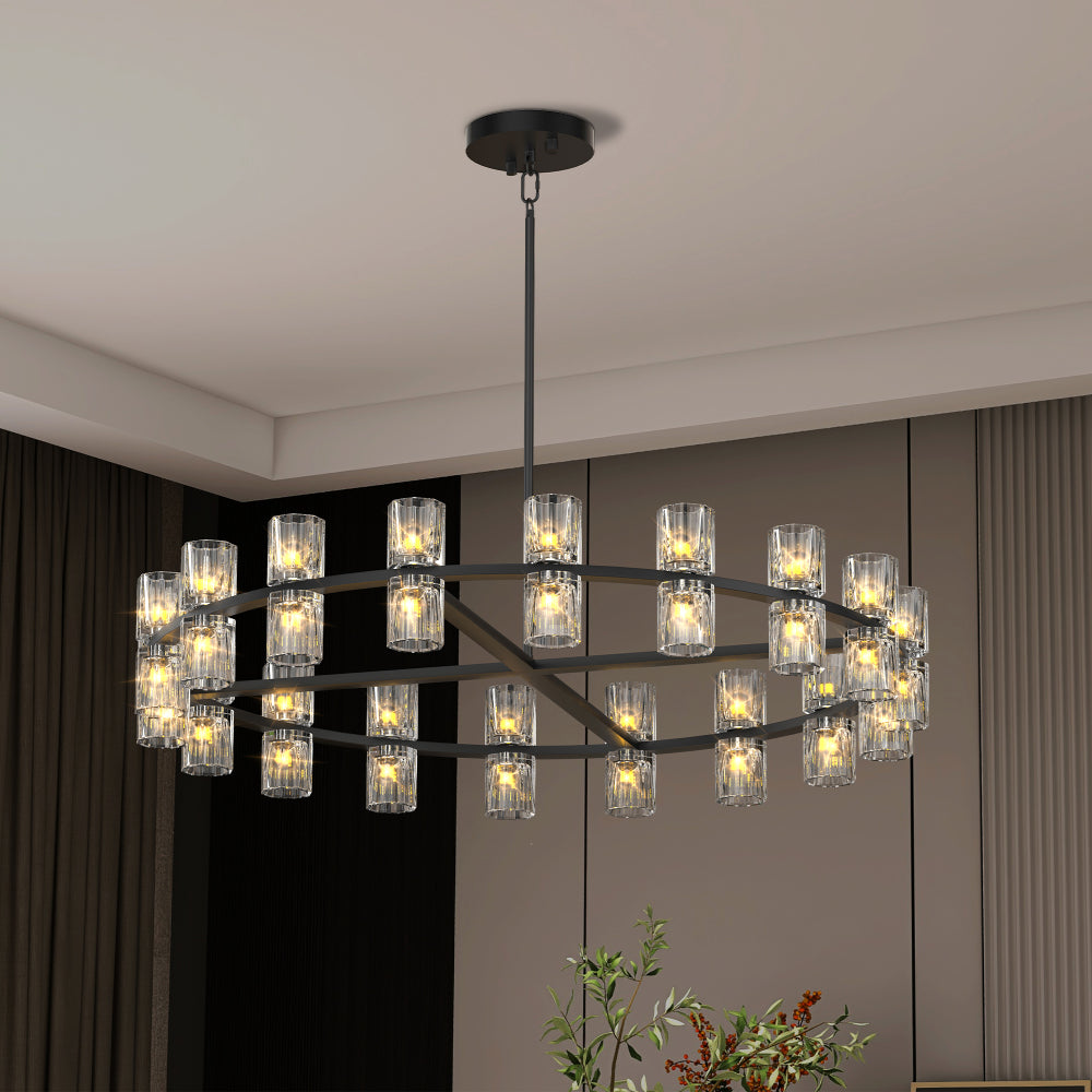 Luxury Crystal Chandelier | Double-Ring LED Ceiling Light for Living Room & Dining Room — Black or Gold, Round or Rectangular