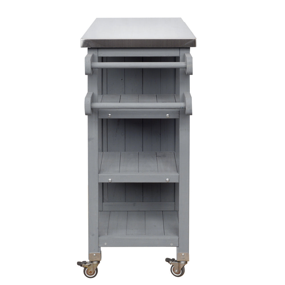 Foldable Outdoor Kitchen Island with Stainless Steel Top | Rolling Cart with Storage Cabinet, Open Shelves & Towel Rack — Grey