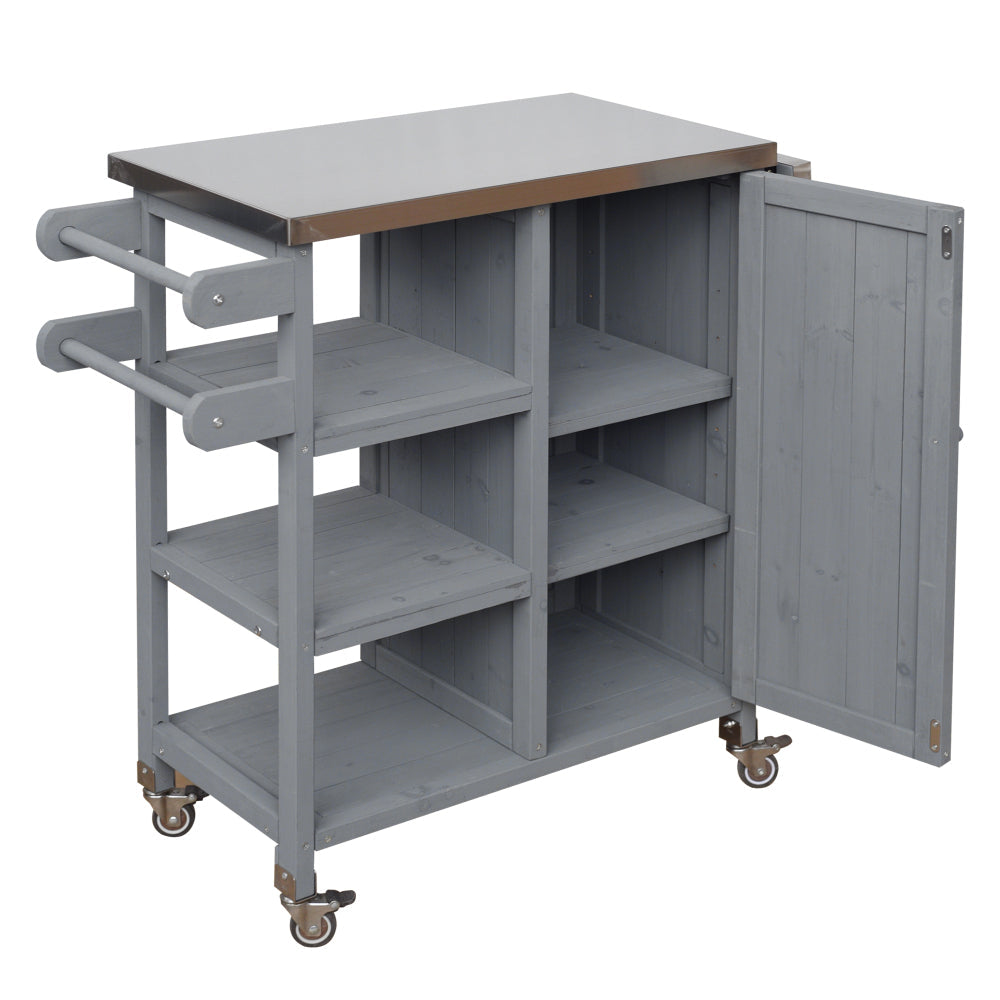 Foldable Outdoor Kitchen Island with Stainless Steel Top | Rolling Cart with Storage Cabinet, Open Shelves & Towel Rack — Grey