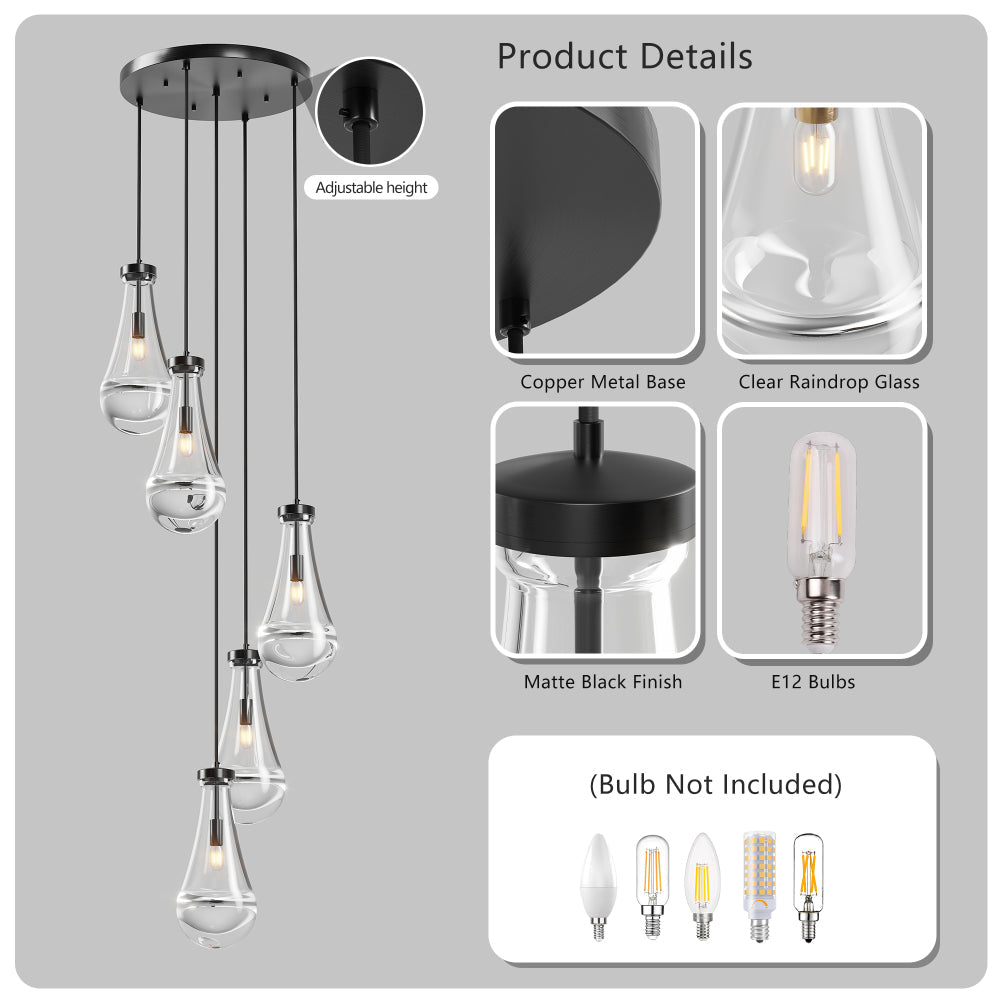 Raindrop Cluster Pendant Chandelier | 5 or 7-Light Hand-Blown Glass, Black or Gold — Adjustable to 100", High Ceiling Foyer, Stairwell & Living Room