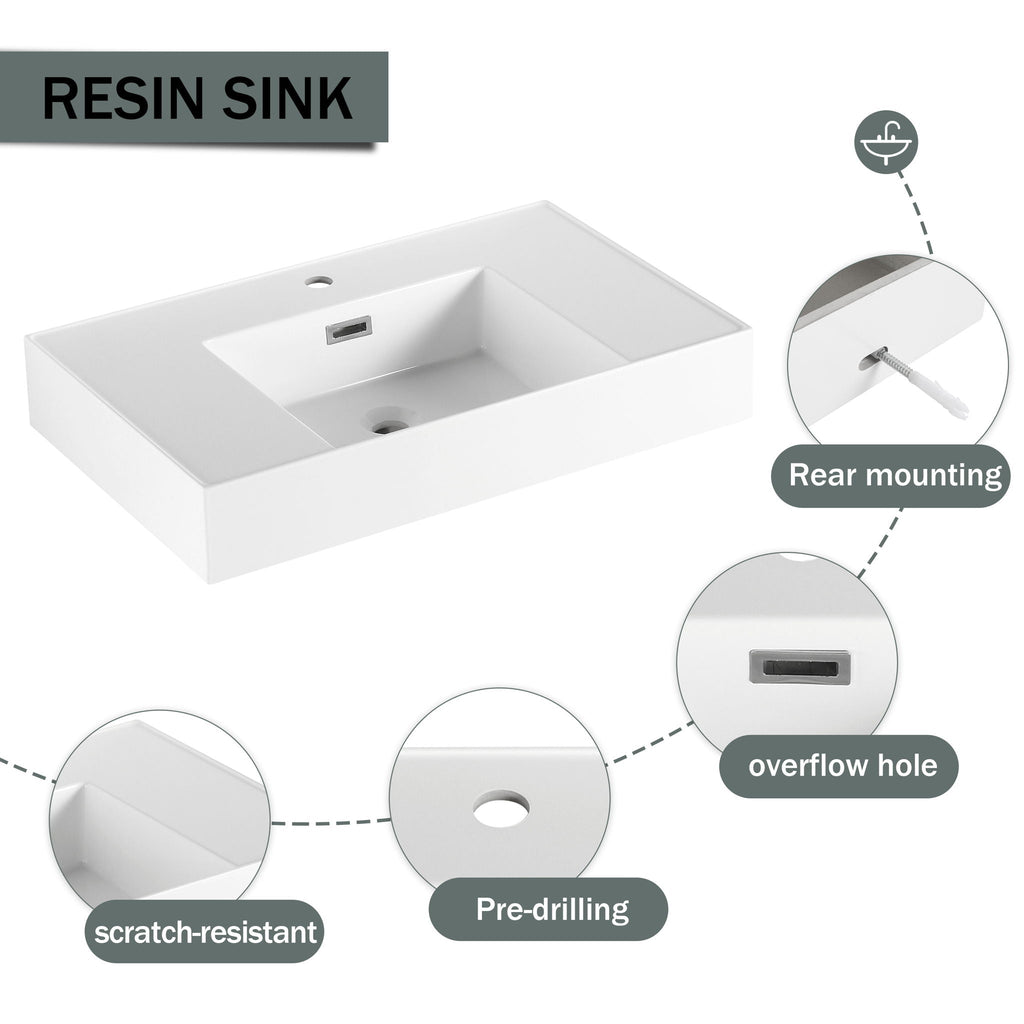 Modern Wall Mounted 30 Inch Bathroom Vanity With Resin Sink And 2 Side Cabinet In Imitative - Imitative Oak
