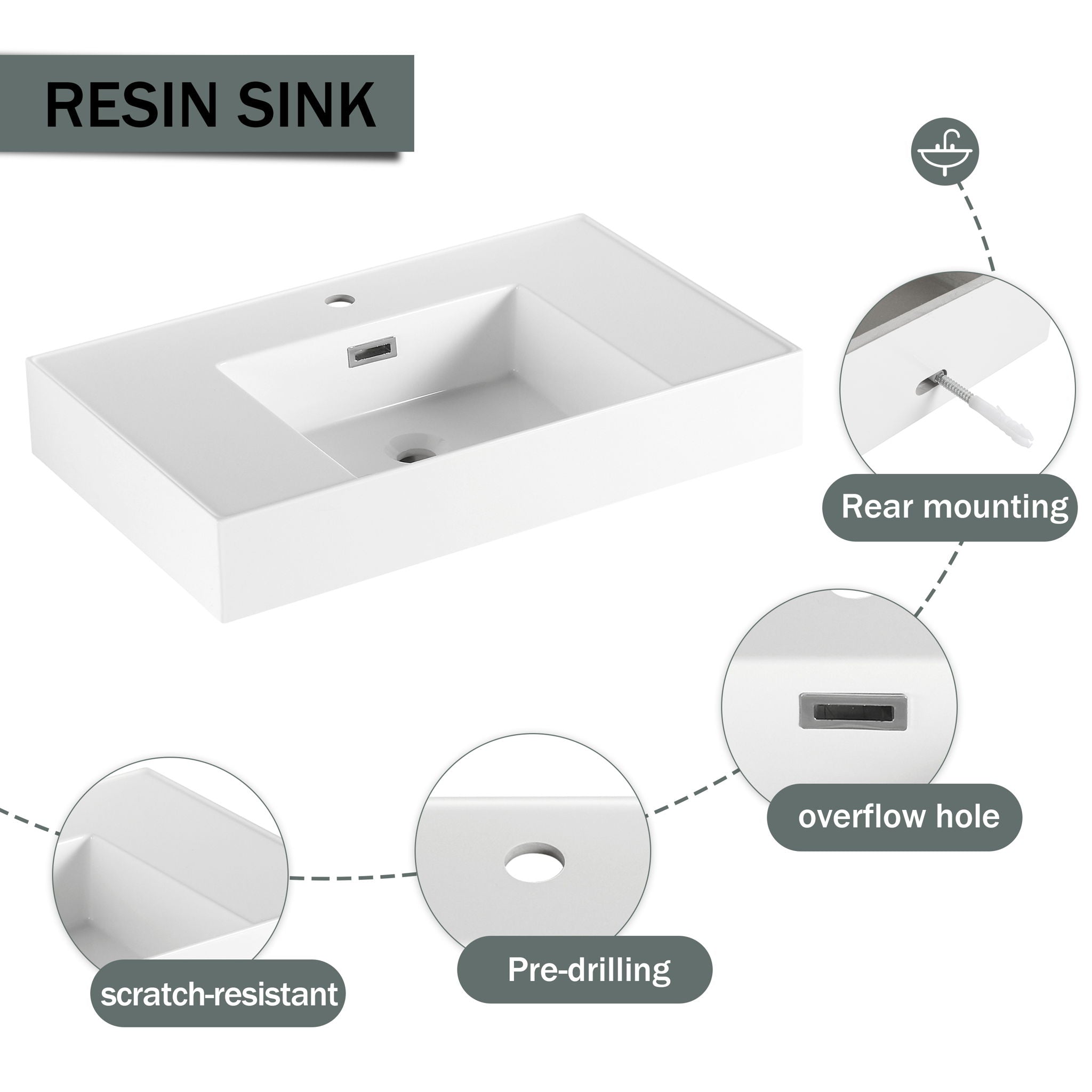 Modern Wall Mounted 30 Inch Bathroom Vanity With Resin Sink And 2 Side Cabinet In Imitative - Imitative Oak