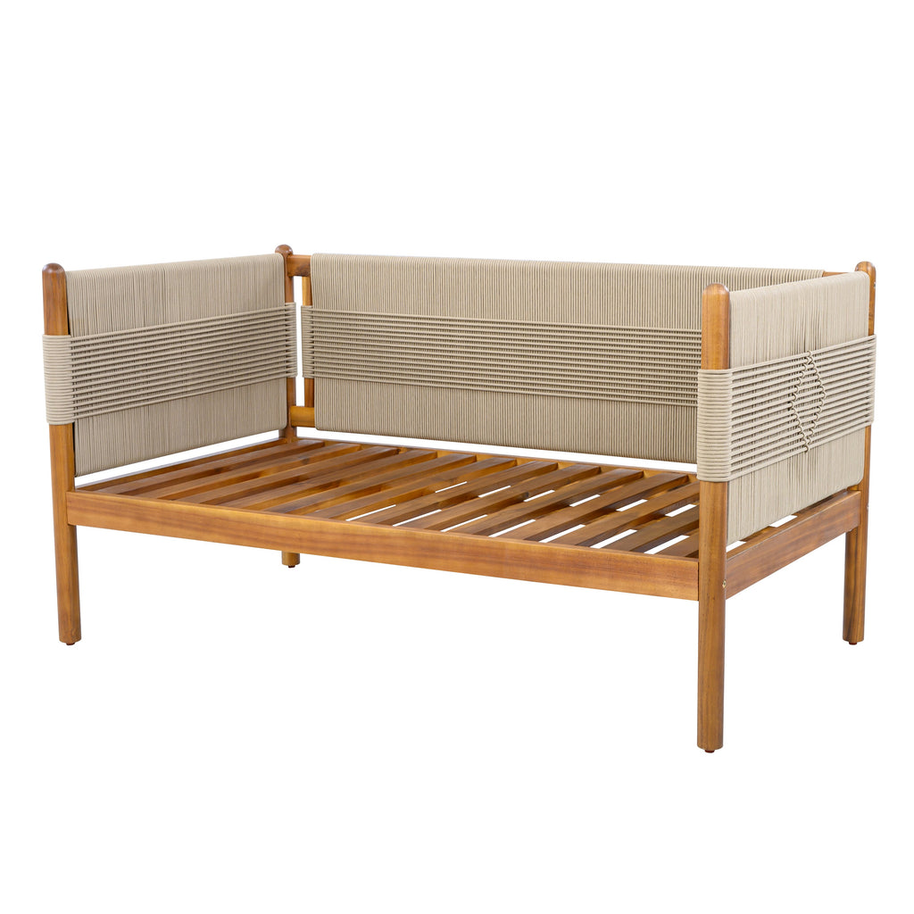 Outdoor Acacia Wood Loveseat with Diamond Rope Weave & Cushions, Teak Finish
