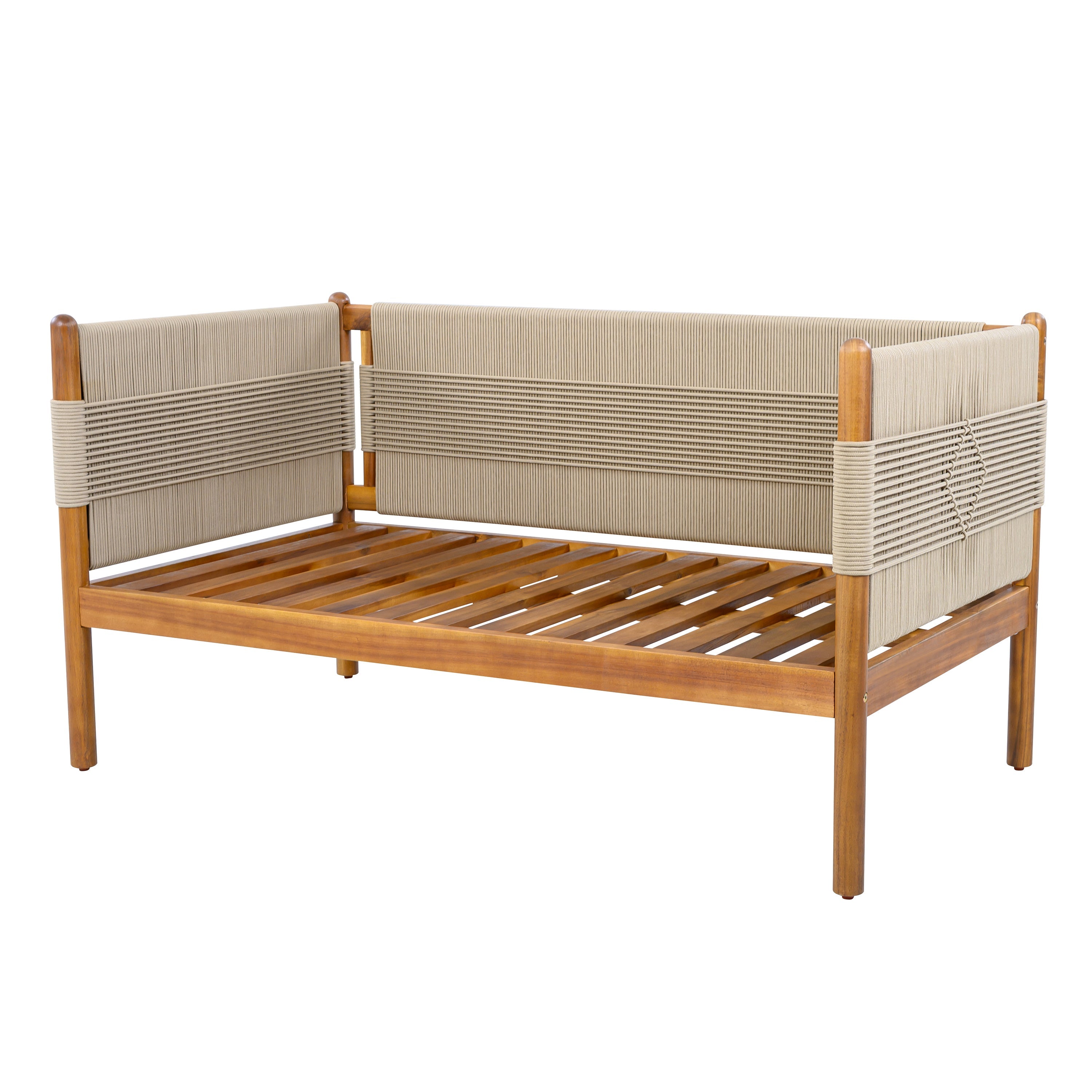 Outdoor Acacia Wood Loveseat with Diamond Rope Weave & Cushions, Teak Finish