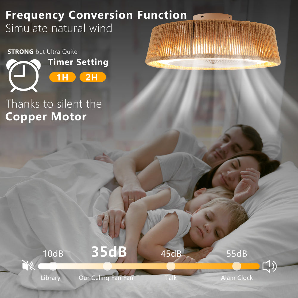 21" Boho Caged Ceiling Fan with LED Light & Remote – Braided Twine Design, 3CCT Dimmable, 6 Speeds & Reversible DC Motor