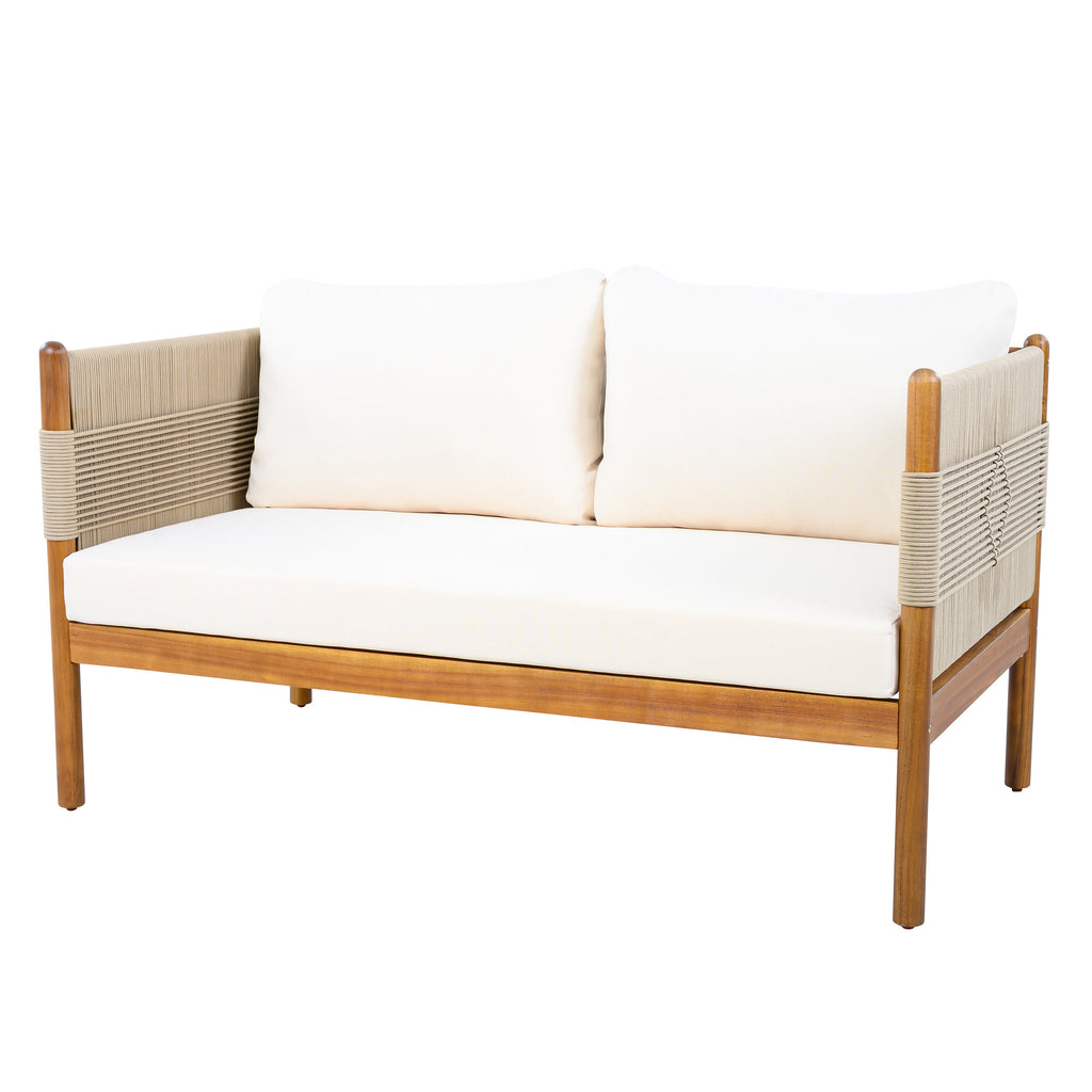 Outdoor Acacia Wood Loveseat with Diamond Rope Weave & Cushions, Teak Finish