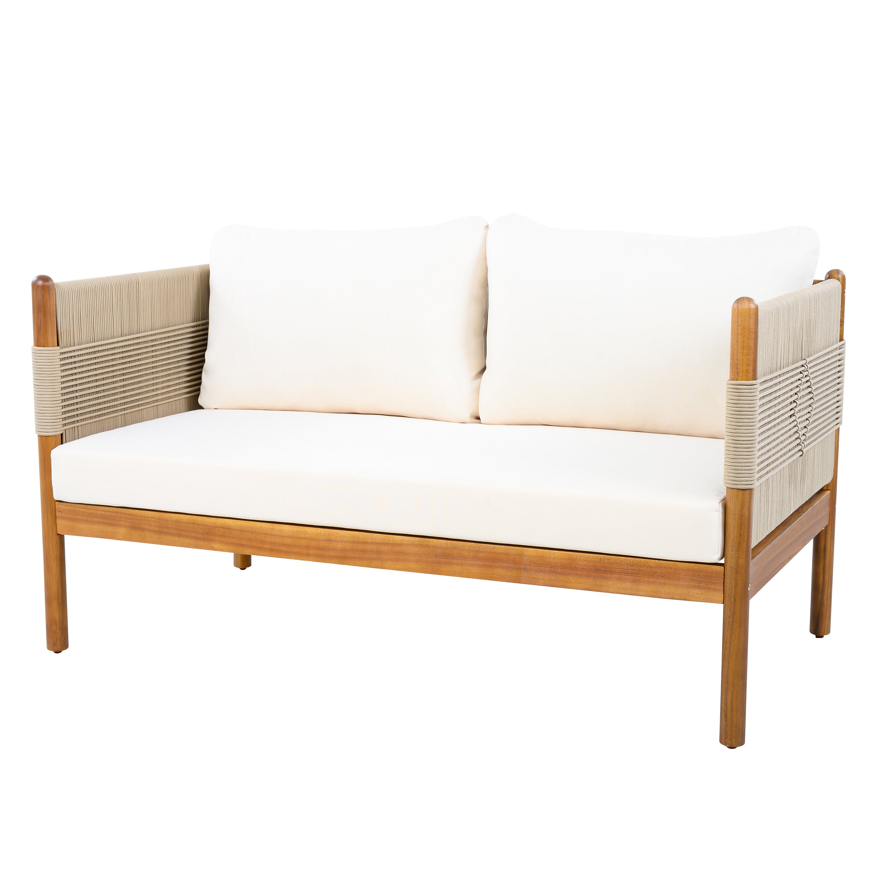 Outdoor Acacia Wood Loveseat with Diamond Rope Weave & Cushions, Teak Finish