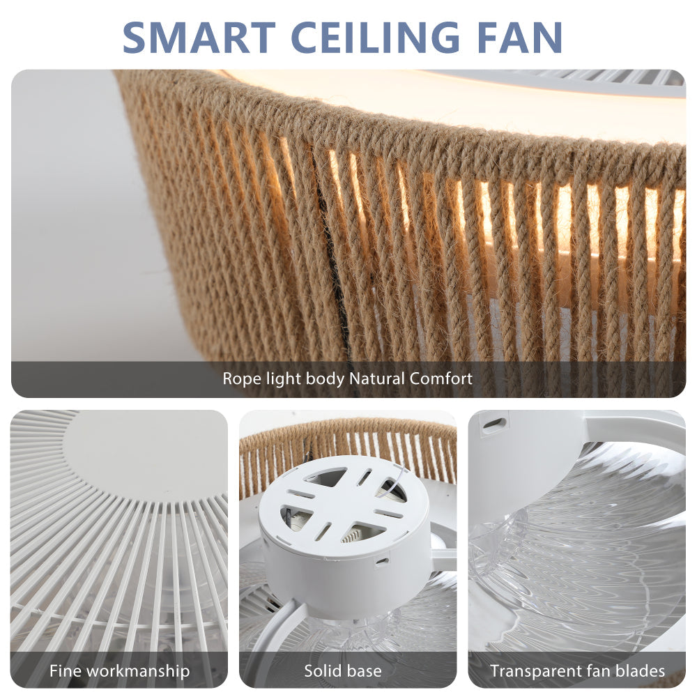 21" Boho Caged Ceiling Fan with LED Light & Remote – Braided Twine Design, 3CCT Dimmable, 6 Speeds & Reversible DC Motor