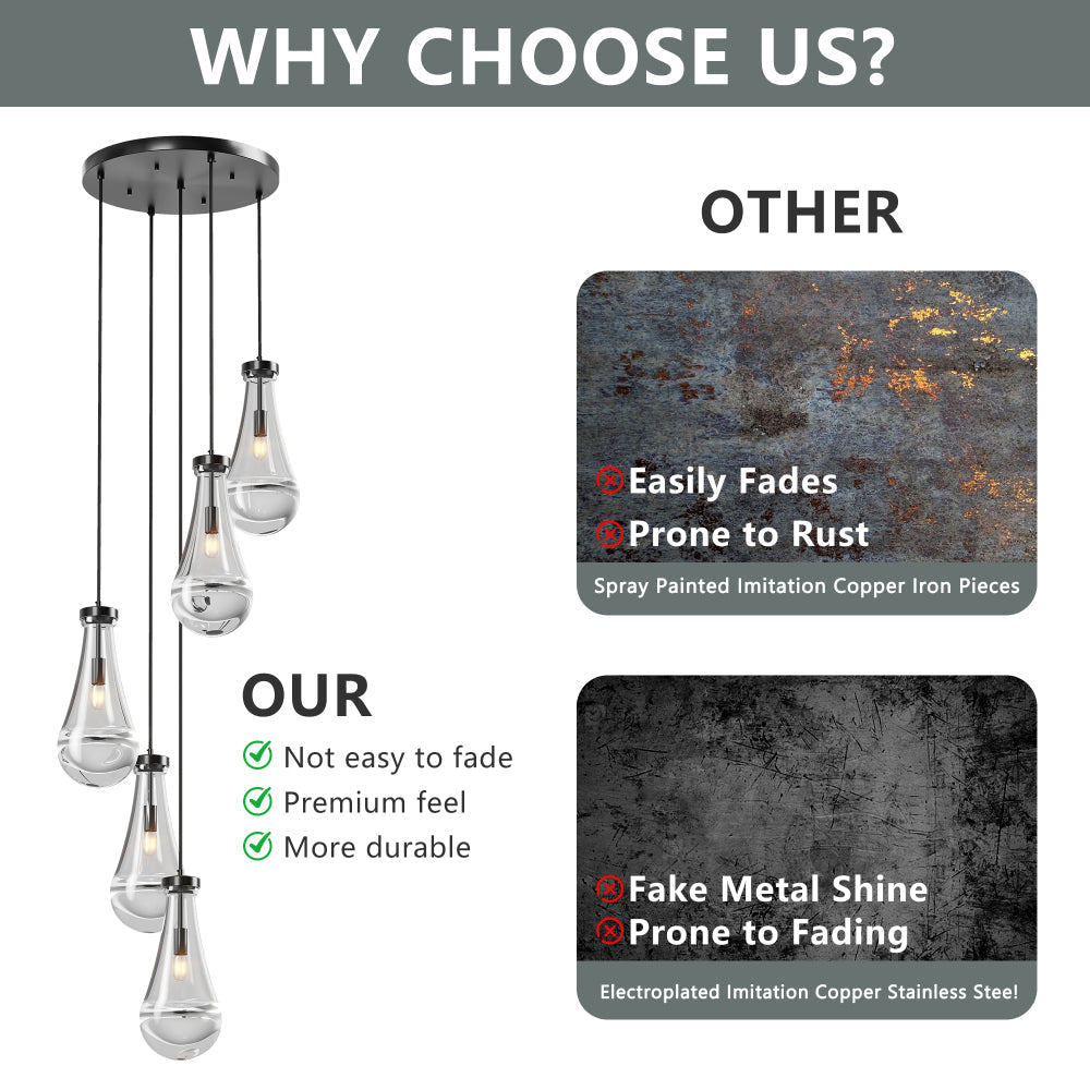 Raindrop Cluster Pendant Chandelier | 5 or 7-Light Hand-Blown Glass, Black or Gold — Adjustable to 100", High Ceiling Foyer, Stairwell & Living Room