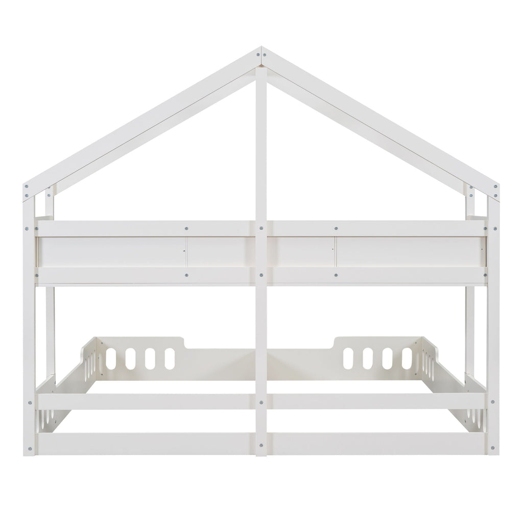 Twin Size Platform Bed With Shared Design, Guardrails, And Built In Shelves - Creamy White