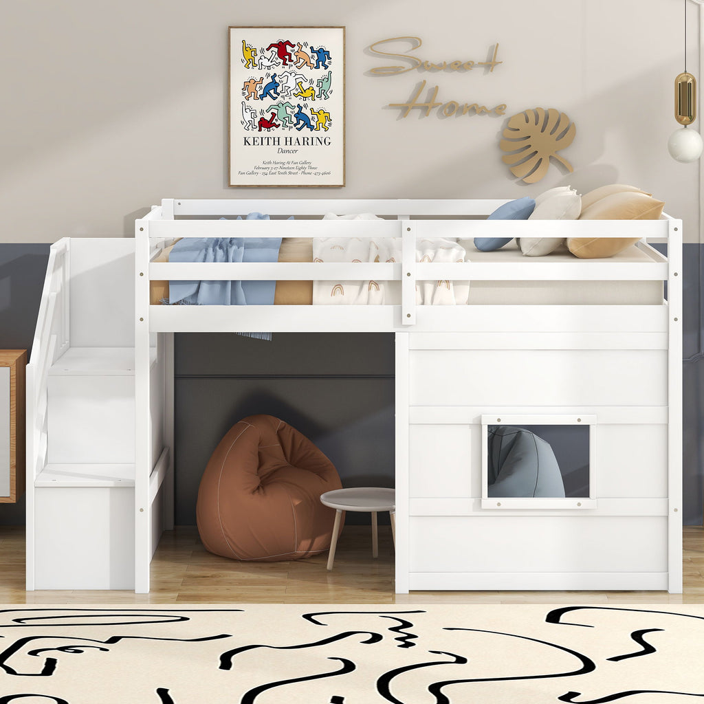 Loft Bed With Storage Staircase, Window & LED Light