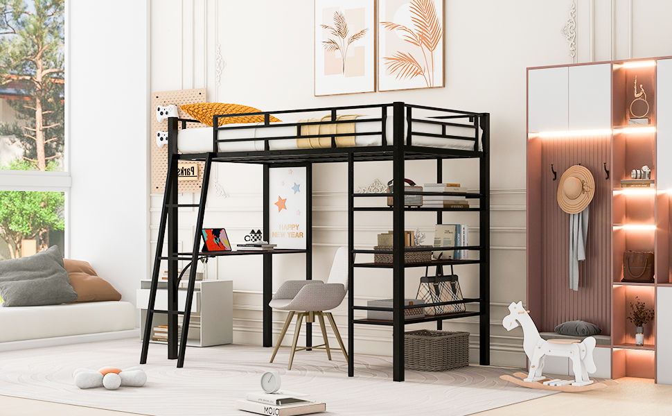 Loft Metal Bed With 3 Layers Of Shelves And Desk, Stylish Metal Frame Bed With board