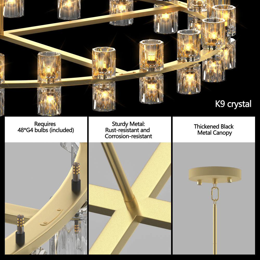 Luxury Crystal Chandelier | Double-Ring LED Ceiling Light for Living Room & Dining Room — Black or Gold, Round or Rectangular