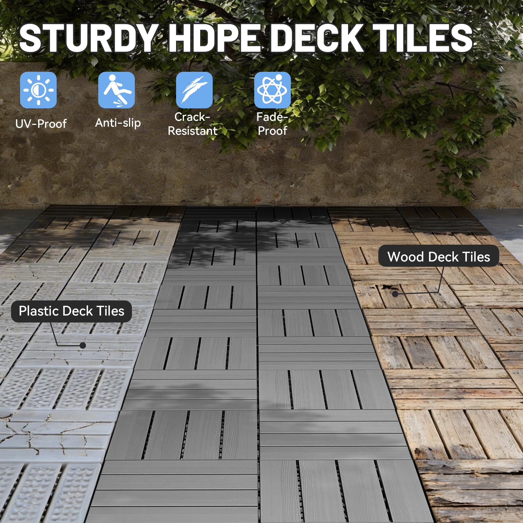44 Pcs Interlocking Deck Tiles, 12" x 12" HDPE Outdoor Flooring