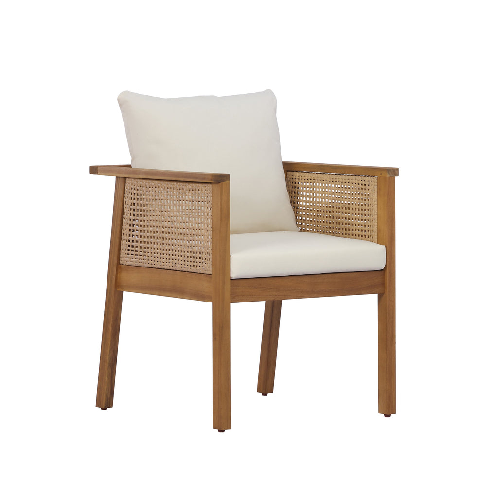 7 Pieces Acacia Wood Outdoor Dining Set with Cream Cushions and Natural Wicker