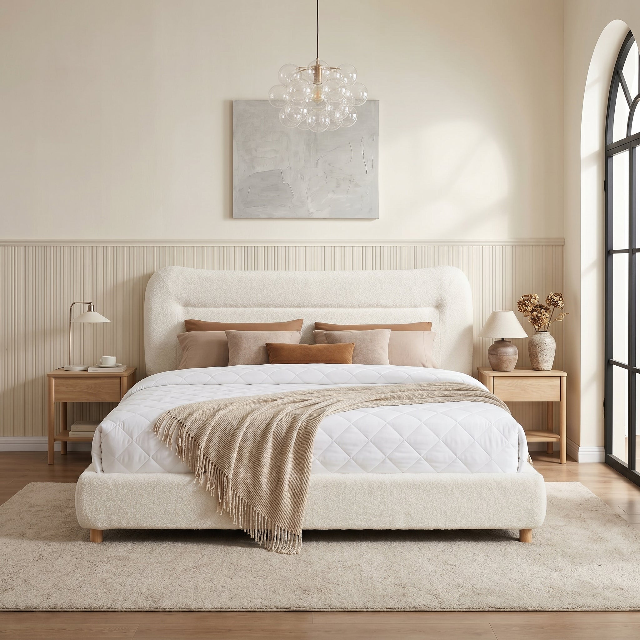 Minimalist Curved Headboard Teddy Bear Plush Bed, Queen