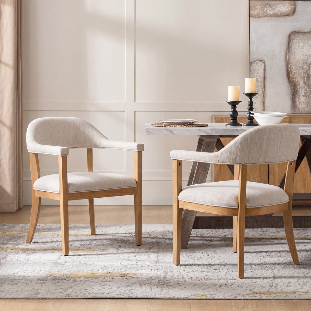 Wood Frame Upholstered Dining Chairs with Armrests (Set of 2)