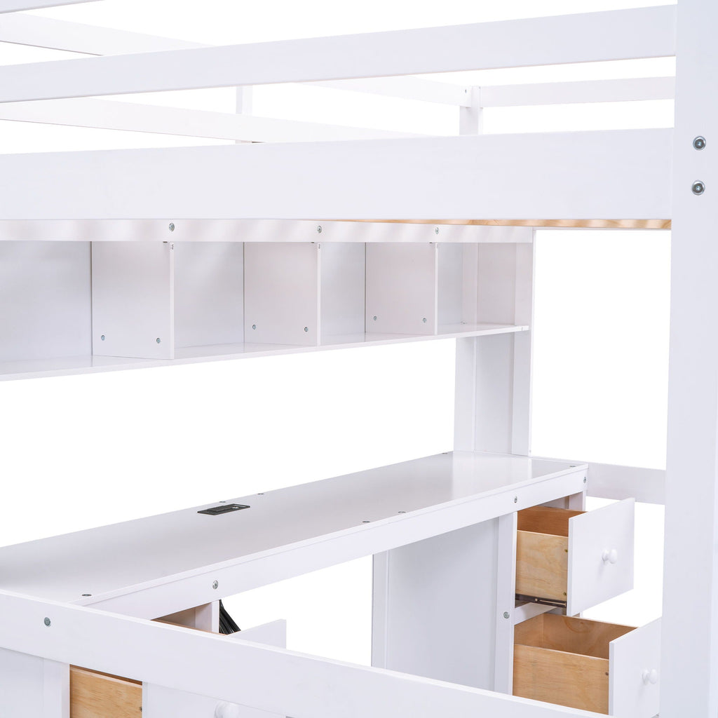 Loft Bed With Desk, Cabinets, Drawers, Charging Station And Bedside Tray