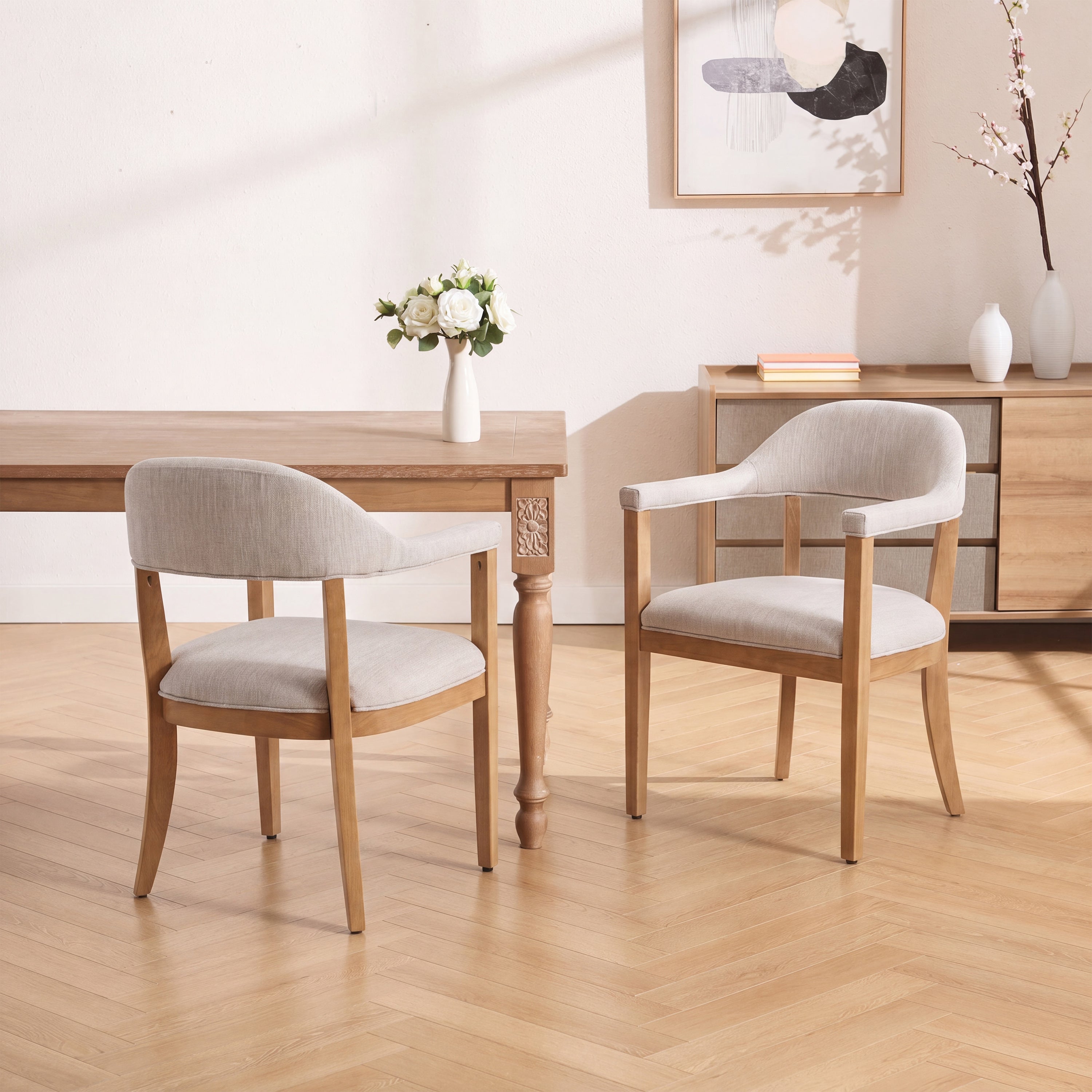 Wood Frame Upholstered Dining Chairs with Armrests (Set of 2)