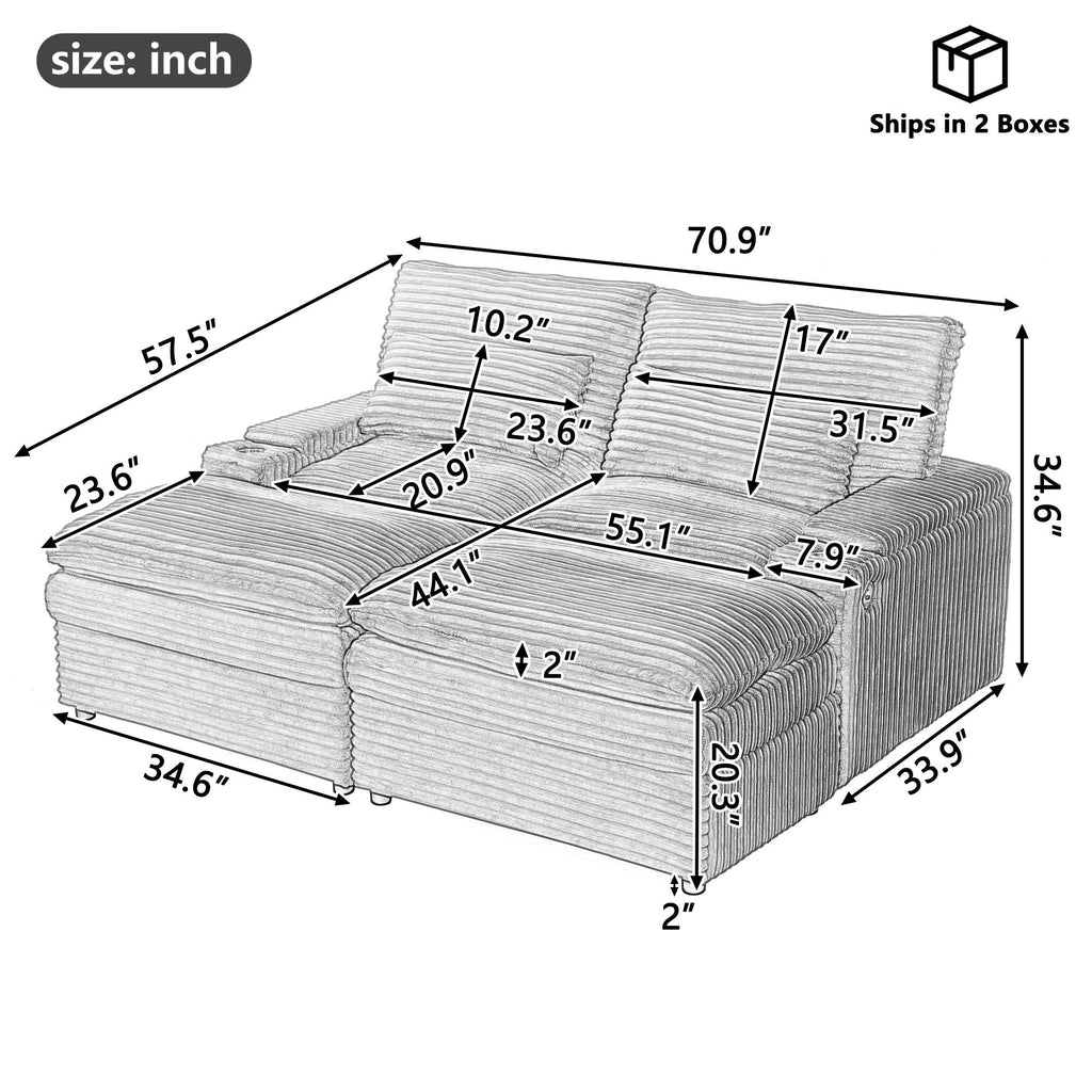 Convertible Loveseat Sofa With Storage, USB Ports, Cup Holders