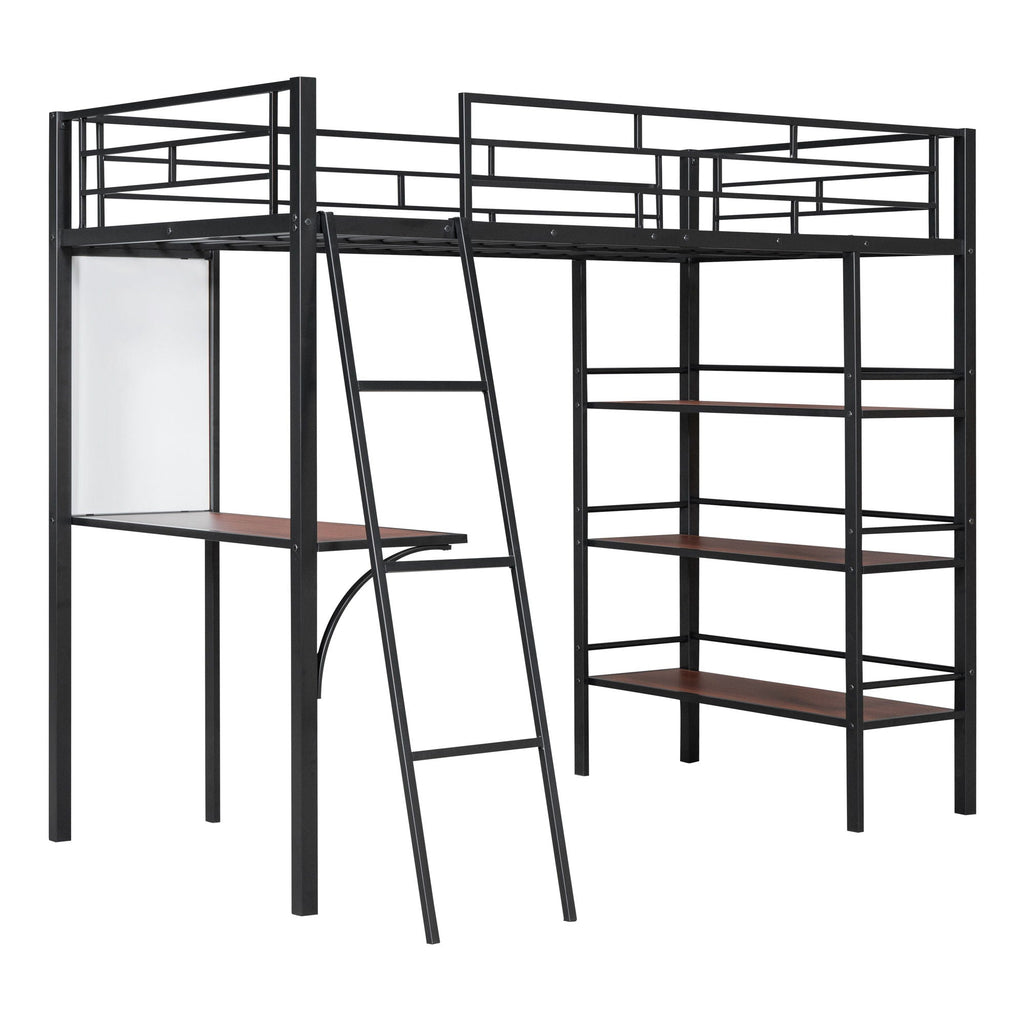 Loft Metal Bed With 3 Layers Of Shelves And Desk, Stylish Metal Frame Bed With board