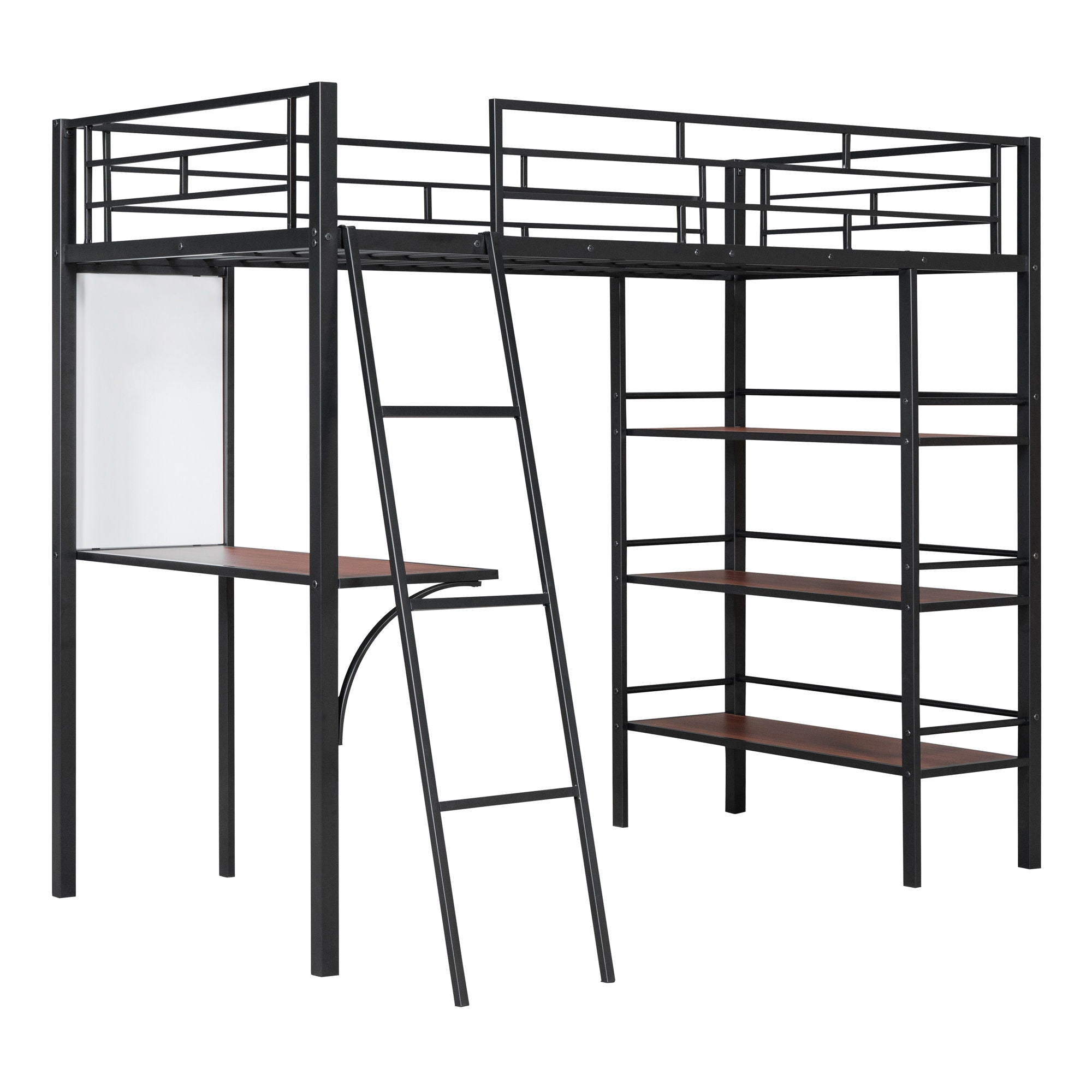 Loft Metal Bed With 3 Layers Of Shelves And Desk, Stylish Metal Frame Bed With board