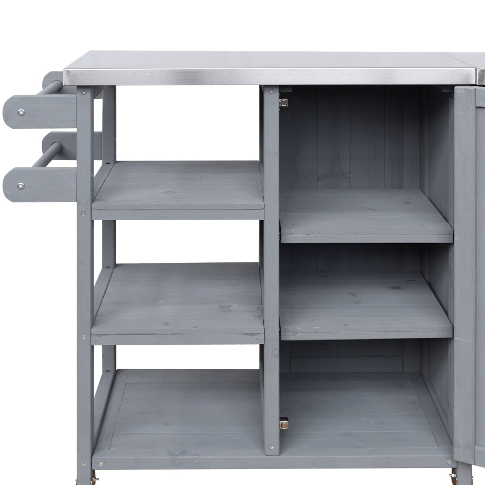 Foldable Outdoor Kitchen Island with Stainless Steel Top | Rolling Cart with Storage Cabinet, Open Shelves & Towel Rack — Grey