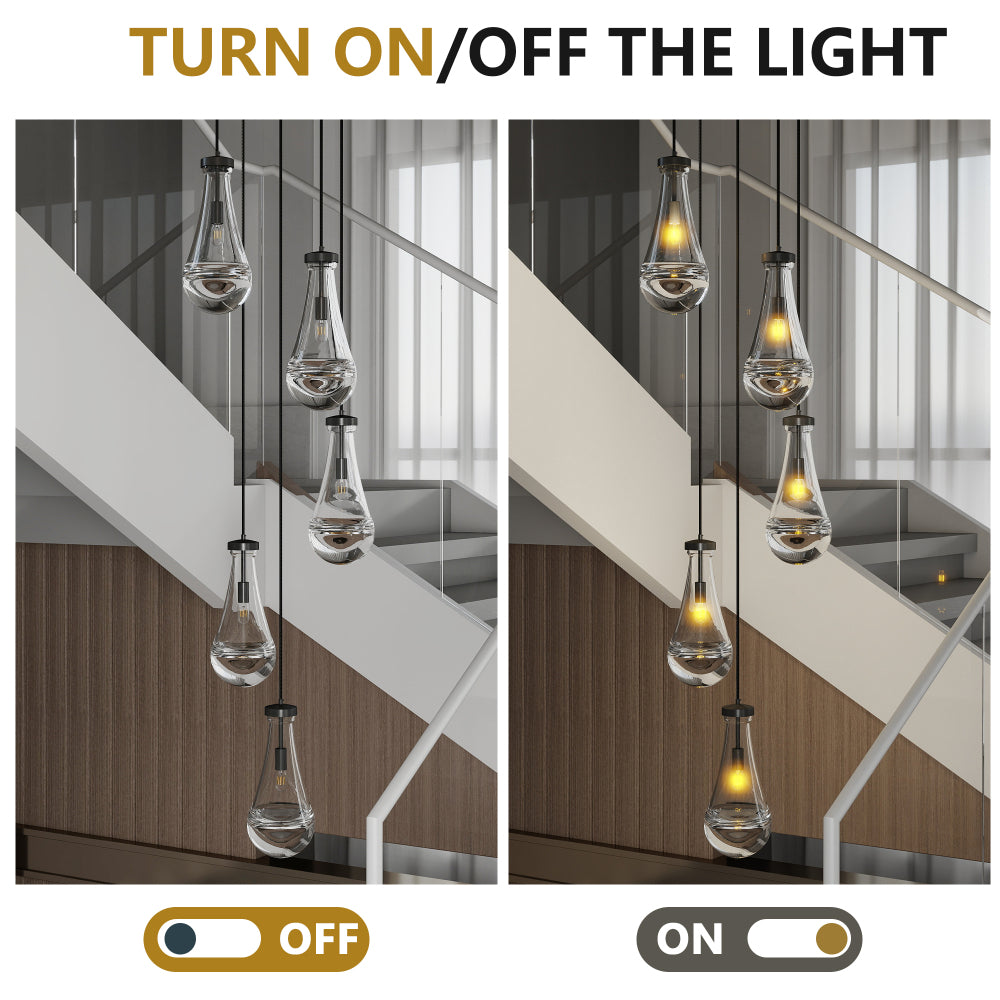Raindrop Cluster Pendant Chandelier | 5 or 7-Light Hand-Blown Glass, Black or Gold — Adjustable to 100", High Ceiling Foyer, Stairwell & Living Room