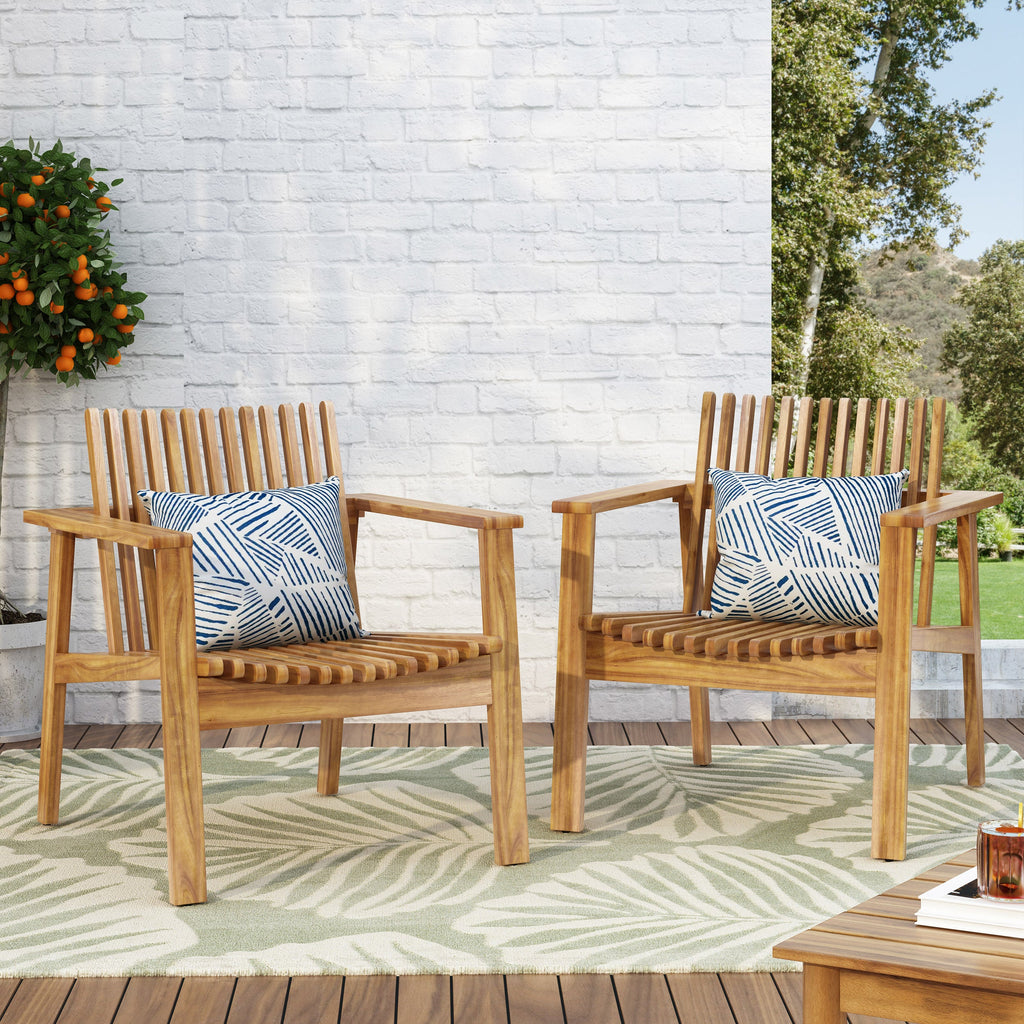 Outdoor Acacia Wood Slatted Club Chairs, Set of 2, Teak Finish