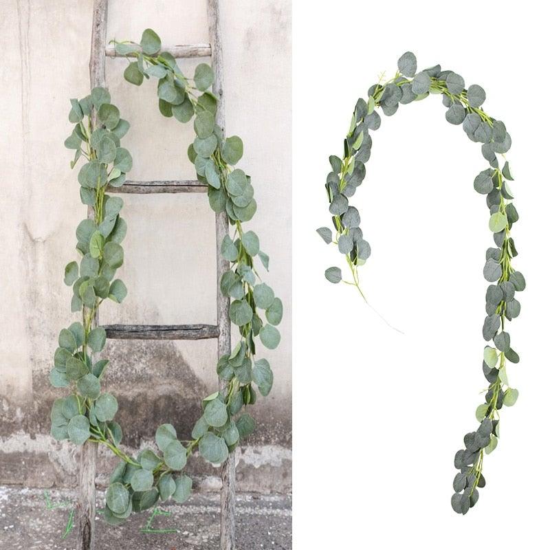 Modern Artificial Green Eucalyptus Leaves Garland Wisteria Rattan Fake Decor Silk Leaf Vines For Wedding Birthday Party Decor