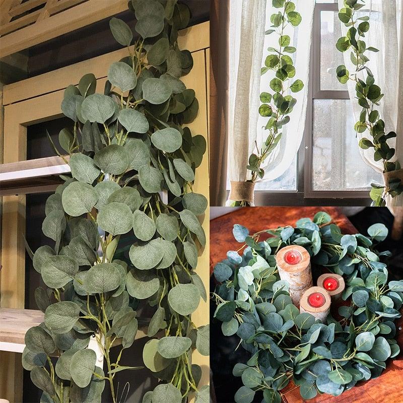 Modern Artificial Green Eucalyptus Leaves Garland Wisteria Rattan Fake Decor Silk Leaf Vines For Wedding Birthday Party Decor