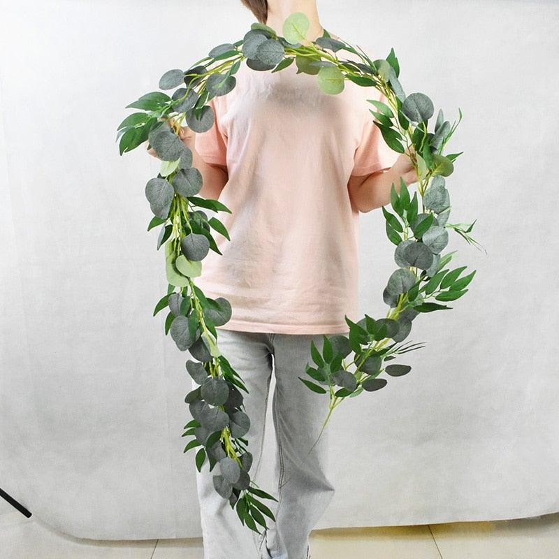 Modern Artificial Green Eucalyptus Leaves Garland Wisteria Rattan Fake Decor Silk Leaf Vines For Wedding Birthday Party Decor
