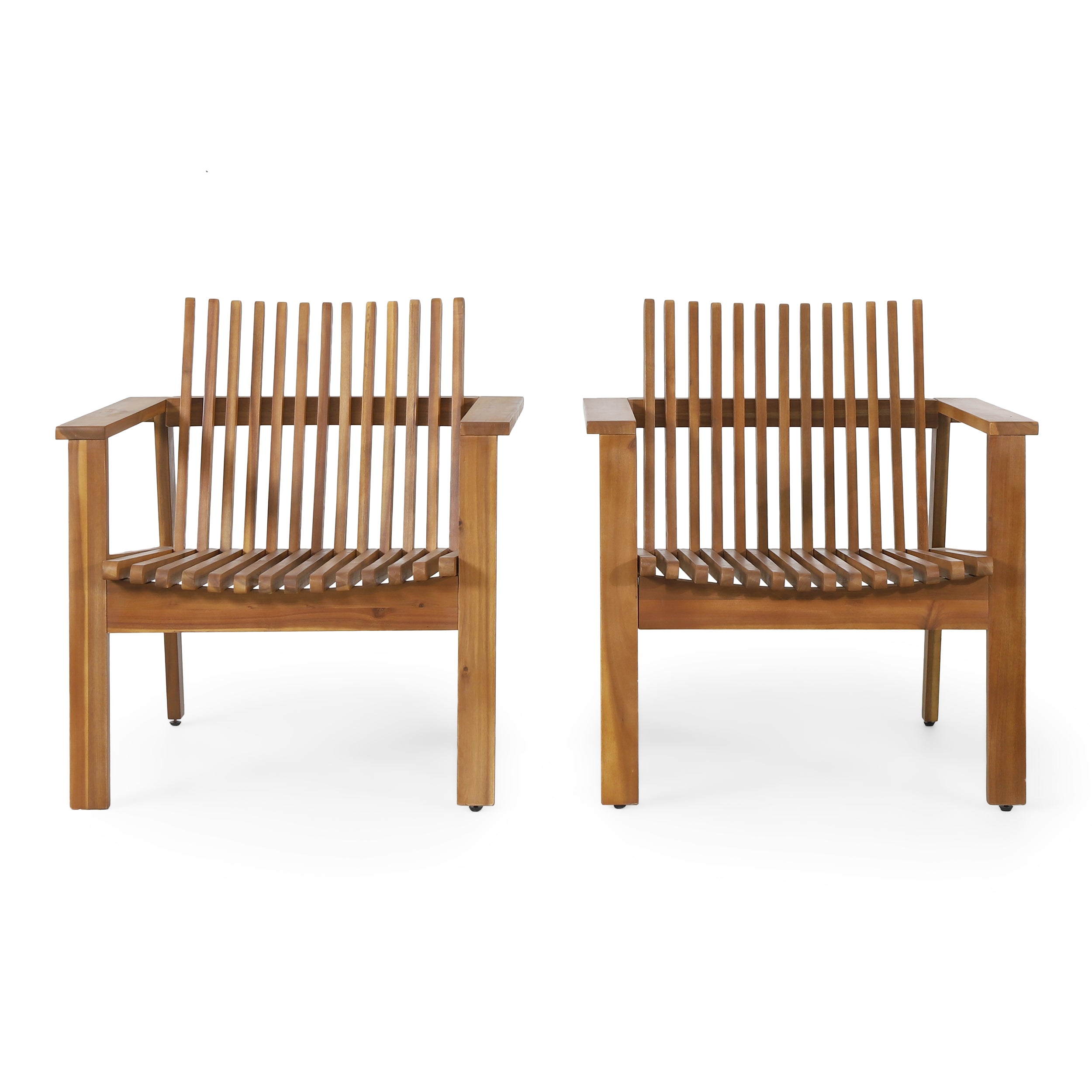 Outdoor Acacia Wood Slatted Club Chairs, Set of 2, Teak Finish