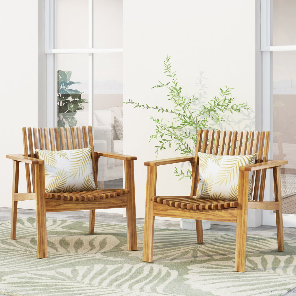 Outdoor Acacia Wood Slatted Club Chairs, Set of 2, Teak Finish